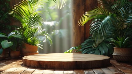 Aufkleber - Generative AI : Natural wood podium with tropical leaves shadow in the background.