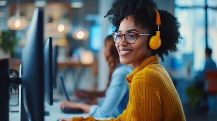 Poster - Friendly Customer Service Representative with Headset. Generative ai