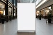 White unoccupied advertising stand in a busy shopping center with passersby
