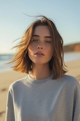 close up of a woman model with shoulder lenth hair wearing a crew neck 18000 gray long sleeve mockup, walking on a beach 