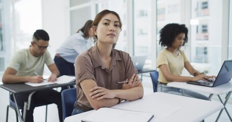 Poster - Students, writing and notes in lecture at university for learning, education or knowledge with scholarship. Woman, notebook and study with book at college for test, exam or assessment with smile