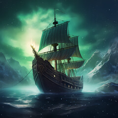 Sticker - Viking longship sailing under the Northern Lights.