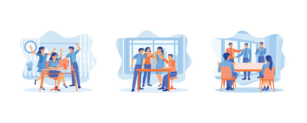 Business team celebrating success. Group of young business team giving high five and celebrating success at office. People congratulating colleague with business achievements. set flat vector modern i