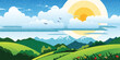 View of spring landscape, green meadows and hills, sun in the clouds, vector illustration