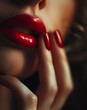 closeup woman red lipstick ring wet lips attractive opalescence forbidden beauty bite lip pose pursed soft strokes banner gaze downcast