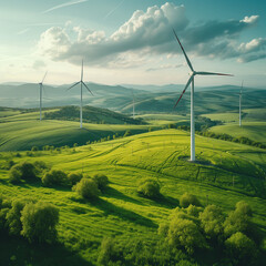 windmill turbines generating green energy, global warming climate change concept, windmill turbines in a green landscape