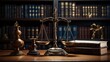 Close-up of justice scale on table in courtroom with legal book library in the background.