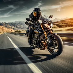 Canvas Print - Dynamic shot of a motorcyclist on an open road. 