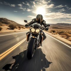 Sticker - Dynamic shot of a motorcyclist on an open road. 