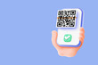 Cartoon hand using Smartphone scan QR code pay bill with successfully. Convenient and fast mobile bill payment concept. Scans qr code for online payment, money transaction on mobile app service.