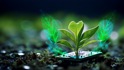 Green leaf plant on circuit. Concept smart farming agriculture technology. Future network of natural environment harvest management. Intelligence garden control application eco system. Ai generative.