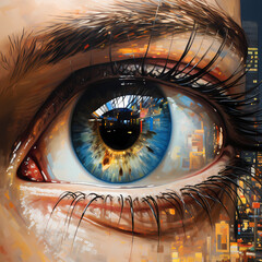 Canvas Print - A close-up of a person's eye reflecting a city skyline.