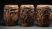 A Set Of Drums Made From Carved, Ancient Wood, With Spirits Of The Forest Dancing Around Generative AI