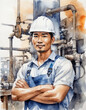 © Pecherskaya Yuliya - watercolor drawing. Portrait of Asian male engineer worker or industrial maintenance worker enjoy working in factory.