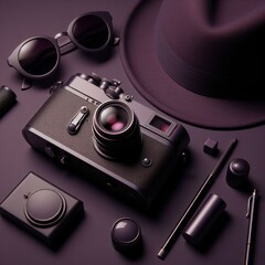 Wall Mural - Hat, vintage camera and sunglasses on a dark purple background. Summer vacation concept in minimalism style. Stylish traveler accessories composition. Monochrome flat lay, for design and banners.