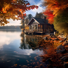 Poster - A serene lakeside cabin surrounded by autumn foliage