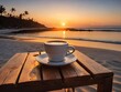 Coffee cup on a wooden table, with a serene beach and a mesmerizing sunset in the background. Generative AI.