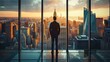 © Wuttichai - Business aspirations touching sky businessman gaze on cityscape high. Silhouettes of success dreams in urban lights future promise in professional. In heart of city ambitions fly leader stands goals