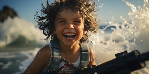 Wall Mural - Little Boy Shoots Water Gun Happily, While Playing in Water