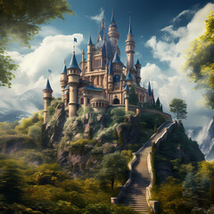 Canvas Print - Enchanting fairytale castle on a hill. 