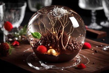 crystals decoration on the shinning on the red and pink colorful balls in the background with colorful fished and flowers in the crystal balls background 