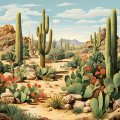 Sticker - Cactus garden in a desert landscape. 