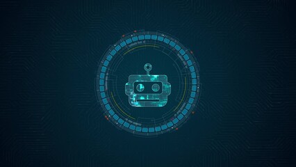 Poster - Motion graphic of Blue digital robot head logo and circle futuristic HUD elements with Ai chatbot and machine learning technology and ai assistance concepts on circuit board abstract background