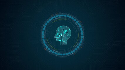 Poster - Motion graphic of Blue digital robot head logo and circle futuristic HUD elements with Ai chatbot and machine learning technology and ai assistance concepts on circuit board abstract background