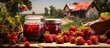 Homemade strawberry jam is delicious, hygienic, in a special jam bottle, long lasting