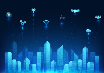 Fototapete - Background of the city of the future, Smart city that uses modern technology to help manage the well-being of people and the economy to grow even more. A city connected access to communication