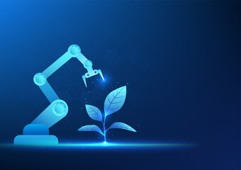 Poster - Smart farm technology background that uses artificial intelligence or AI. Machinery is used in farming. To help develop quality and increase productivity,  Mechanical arm growing plants