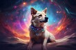 dog coming from haven with space color background