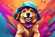 Smiling dog waring a hat on his head with gradient watercolor background