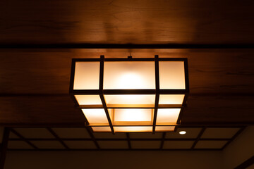 Japanese wood ceiling lantern light vintage style with square shape and checked pattern design decorative for ryokan interior