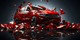 Fototapeta Młodzieżowe - Damaged and Destroyed Red Car with Debris Scattered Around