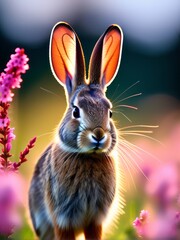 Wall Mural - cute wild brown bunny rabbit in a field of flower