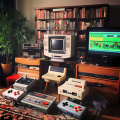 Canvas Print - Retro gaming setup with classic consoles.