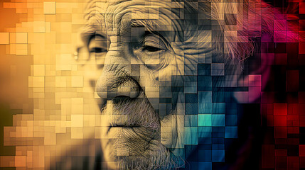 Wall Mural - Concept of digitized memories. Old face transitioning from sepia tones to vibrant pixels