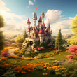 Whimsical fairytale castle in a lush meadow.