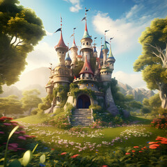 Sticker - Whimsical fairytale castle in a lush meadow.