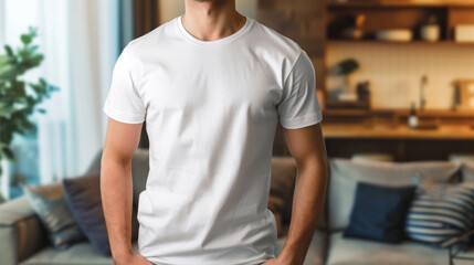 Wall Mural - Blank white T- shirt mockup on male model, Empty T-shirt template, Fashion advertising display. Generative AI	