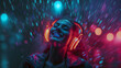Joyful woman with glowing headphones in rain