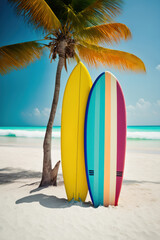 Wall Mural - Surfboard on tropical beach background. Vintage tone color style. Generative ai