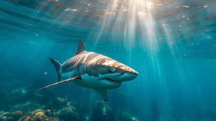 Wall Mural - White shark open toothy dangerous mouth with many teeth.Clear water shark swims. Generated AI