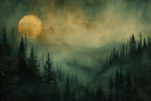 Foggy Moonlit Night Over A Dark Forest, Illustration