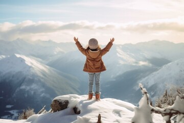 Poster - A joyful child celebrates on top of a snowy mountain with arms raised, embracing the beauty of nature. Generative AI.