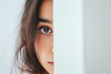 A Beautiful Woman Peeking From Behind A Wall