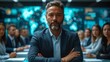 © akarawit - A businessman is giving a presentation in a conference room with infographic hud panel in the background