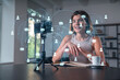 © VideoFlow - Happy woman is making video blog using smartphone on a tripod explaining with hands at office workplace. Concept of online stream, business education, conference call. Social network hologram