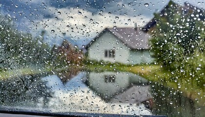 rain drops on window rain water on windscreen reflection in car mirror and water drops ion wet ground